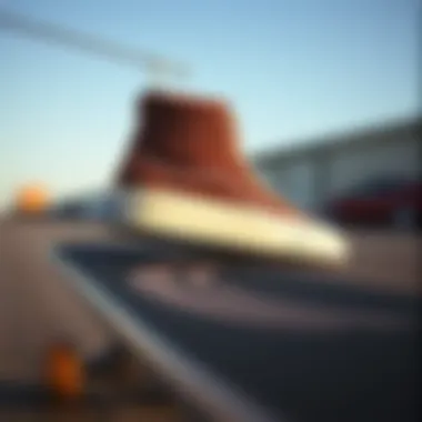 Side profile of Sk8 Hi Suede on a skateboard deck
