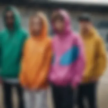 Collective Identity in Multicolor Windbreakers at Skate Park Group of skateboarders in vibrant multicolor windbreakers at a skate park.