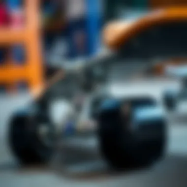 High-Quality Trucks and Wheels of a Skateboard Detailed shot of skateboard trucks and wheels demonstrating their construction and materials