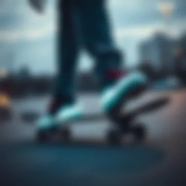 A skateboarder checking the maintenance of his glowing shoes