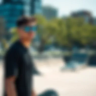 A skateboarder wearing Pit Viper sunglasses in an urban skate park