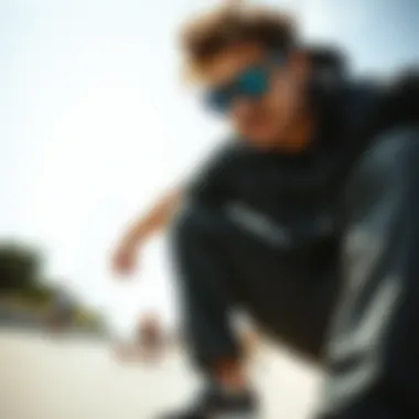Skateboarder wearing polarized circle sunglasses in action