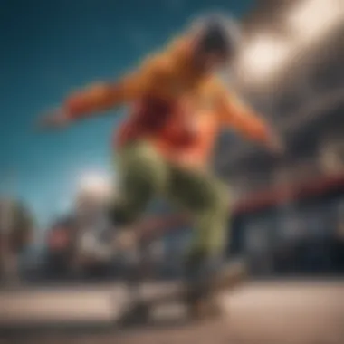 Skateboarder Showcasing Tricks in Multicolor Windbreaker Skateboarder performing tricks while wearing a stylish multicolor windbreaker.