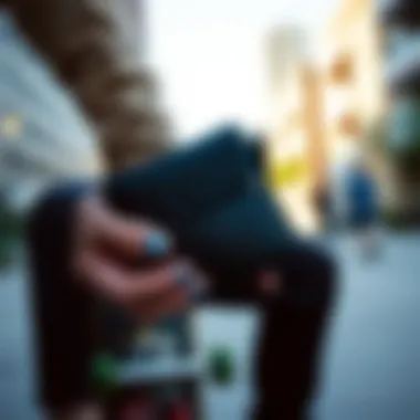 Skater Wallet in Urban Environment A skater wallet being utilized in an urban skateboarding environment.