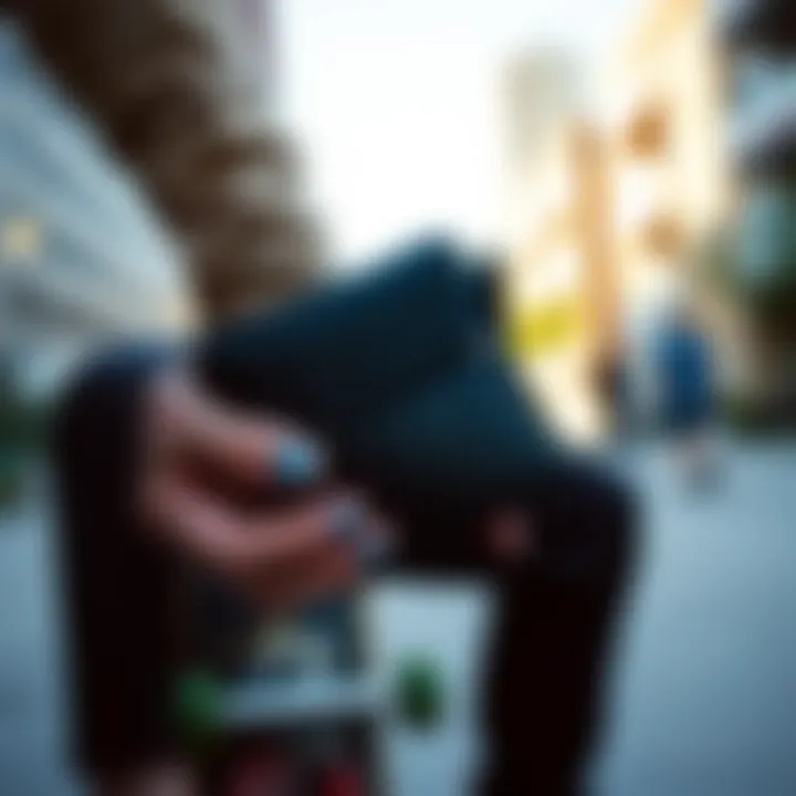Skater Wallet in Urban Environment A skater wallet being utilized in an urban skateboarding environment.