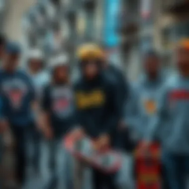 Skaters Sharing Their Box Logo Sticker Collections A group of skaters showcasing their box logo sticker collections in an urban environment.