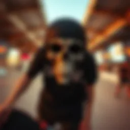 Artistic representation of a skull t-shirt in a skateboarding setting