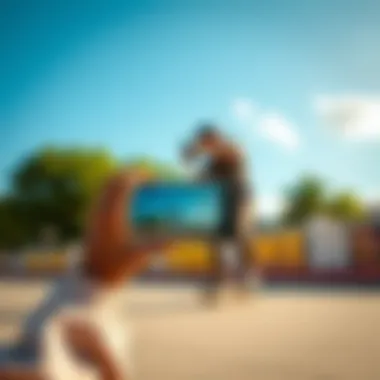 Capturing Engaging Footage in Vibrant Environments An engaging scene of a recreational videographer capturing footage in a vibrant outdoor setting.