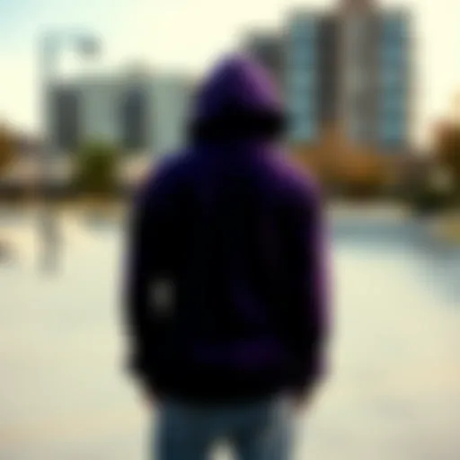 Black purple hoodie displayed against urban skate park backdrop.
