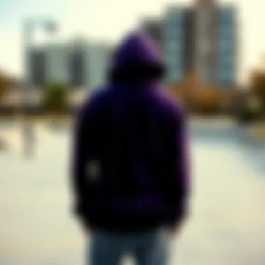 Urban Style: The Black Purple Hoodie Black purple hoodie displayed against urban skate park backdrop.