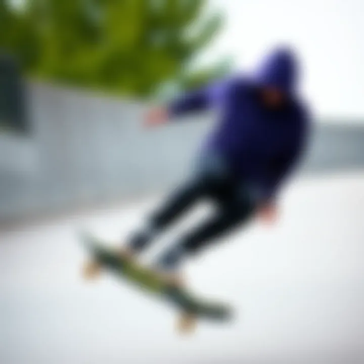 Action Shot: Embracing the Skateboarding Culture Skateboarder wearing a black purple hoodie performing a trick.