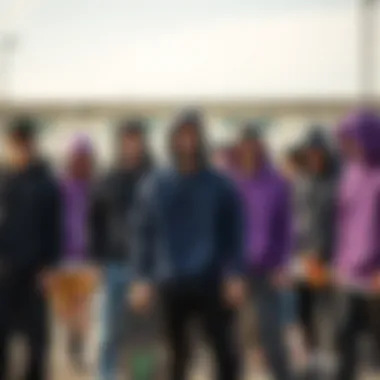 Community Vibe: Fashion in Skateboarding Group of skateboarders showcasing various styles of black purple hoodies.