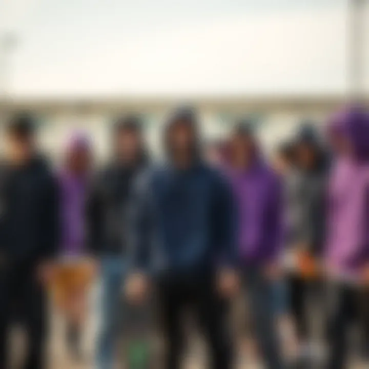 Community Vibe: Fashion in Skateboarding Group of skateboarders showcasing various styles of black purple hoodies.