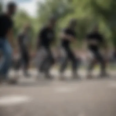 Community of Skaters with Black and White Bandana Vans Group of skateboarders showcasing their black and white bandana Vans