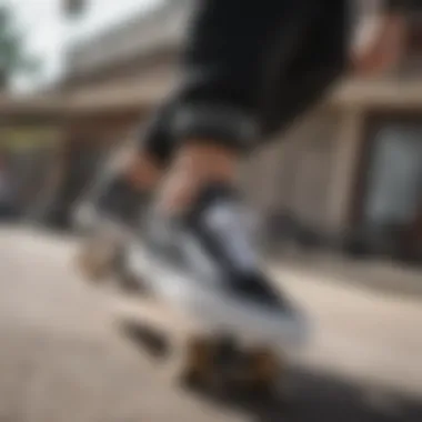 Stylish Black and White Bandana Vans in Action Stylish black and white bandana Vans on a skateboard