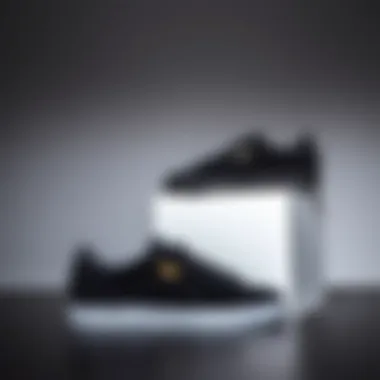 Stylish black on black Puma suede sneakers displayed against a minimalist background