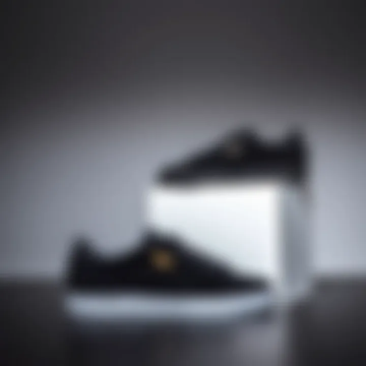 Stylish black on black Puma suede sneakers displayed against a minimalist background
