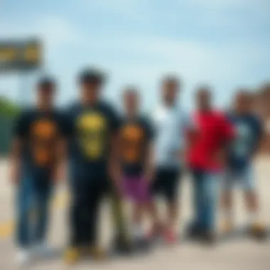 Diverse Skateboarders in Skull Shirts Group of skateboarders wearing different skull shirts, representing diversity