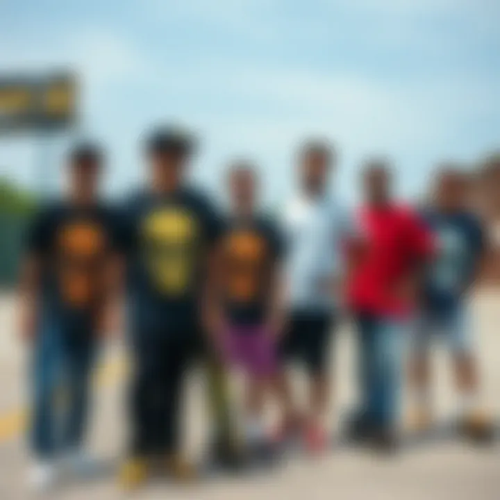 Diverse Skateboarders in Skull Shirts Group of skateboarders wearing different skull shirts, representing diversity