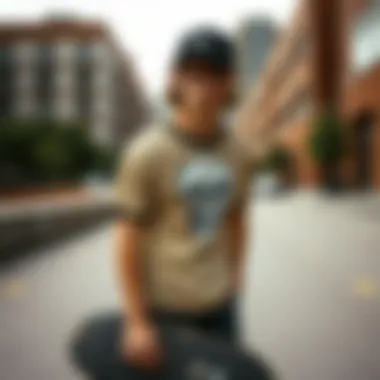 Skateboarder in Urban Setting with Skull Shirt A skateboarder showcasing a skull shirt in an urban setting