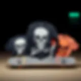 A collection of stylish skull shirts displayed on a skateboard