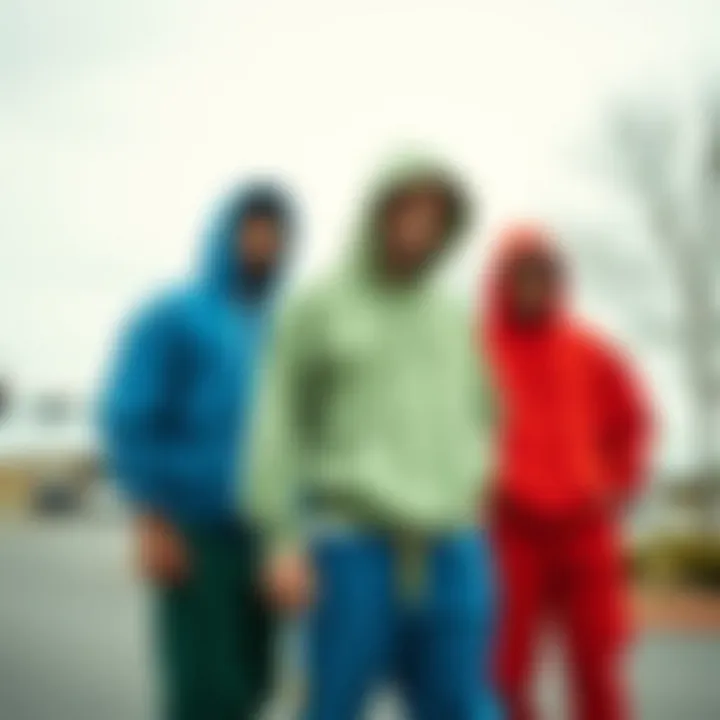 An array of color-coordinated hoodies and sweatpants that embody skate culture aesthetics.