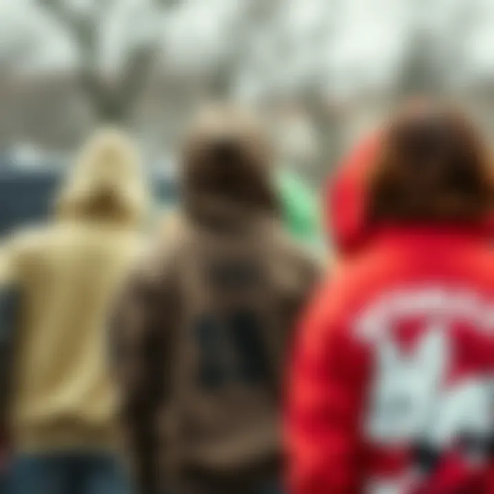 Skateboarders in Unique Hoodies A diverse group of skateboarders wearing hoodies with unique back writings