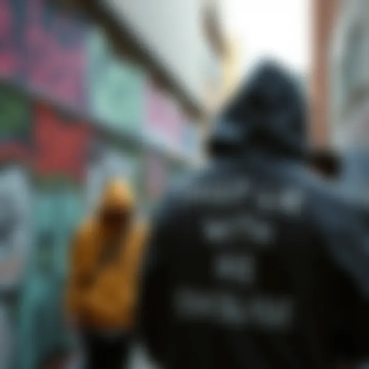 Urban Aesthetics and Hoodie Messages An urban scene featuring graffiti and hoodies with written messages