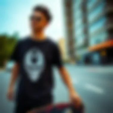 Skateboarder wearing a stylish graphic tee in an urban setting