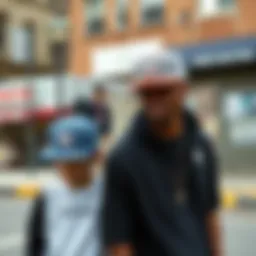 Stylish dad and son wearing matching snapbacks in an urban setting