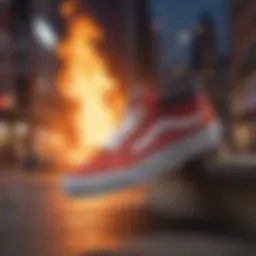 A close-up of Vans shoes with skateboard on a vibrant urban background