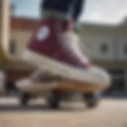 A classic pair of Converse Chuck Taylor high-top sneakers on a skateboard