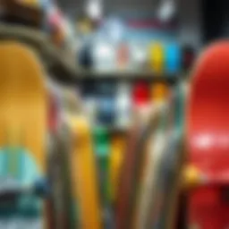 Vibrant collection of skateboards displayed in a sk8 shop