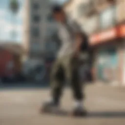 A stylish skateboarder showcasing baggy cargo pants in an urban setting.
