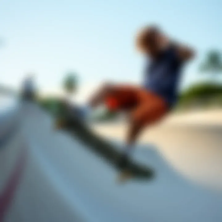 Skateboarder Performing Tricks in Championship Shorts Skateboarder performing tricks while wearing championship shorts