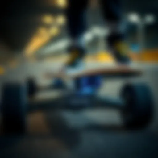 Advanced Battery Technology in Electric Skateboards Close-up of an electric skateboard showcasing its advanced battery technology.