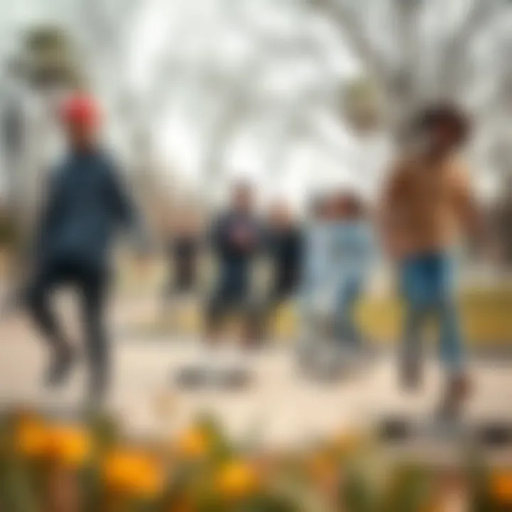 Cultural Influence of Electric Skateboarding A group of diverse riders enjoying an electric skateboard in a park setting.