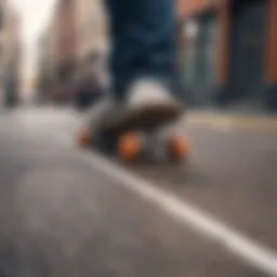 A vibrant skateboard deck with a stylish design resting on an urban street