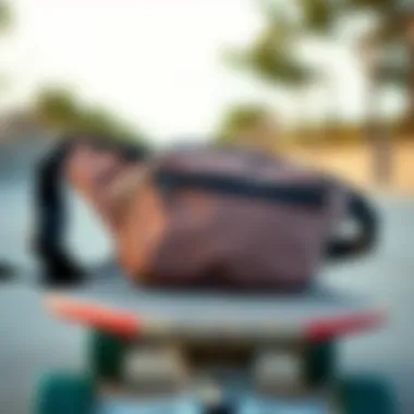 Fanny Pack Detail Close-up of a plain fanny pack on a skateboard.