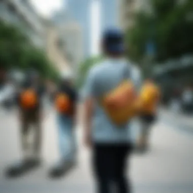 Skateboarders in Style Group of skateboarders with fanny packs in an urban setting.