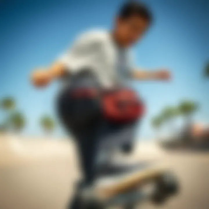 Fanny Pack in Action A skateboarder showcasing a fanny pack during a trick.