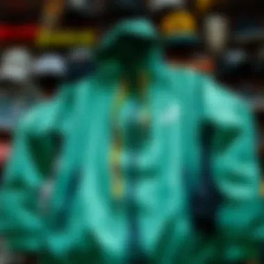 Green Windbreaker with Skateboarding Accessories Green windbreaker displayed with various skateboarding accessories