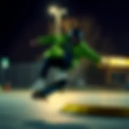 Dynamic skateboarder wearing a vibrant green windbreaker during a trick