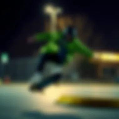 Dynamic Skateboarding in Green Windbreaker Dynamic skateboarder wearing a vibrant green windbreaker during a trick