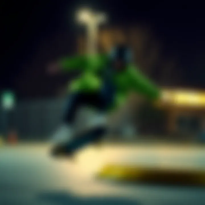 Dynamic Skateboarding in Green Windbreaker Dynamic skateboarder wearing a vibrant green windbreaker during a trick
