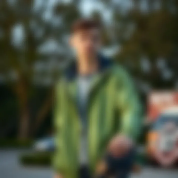 Stylish Skater in Green Windbreaker Stylish skater posing confidently in a trendy green windbreaker