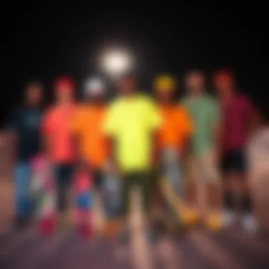 Unity in Diversity: Neon Fashion Statement Group of skateboarders showcasing diverse neon fashion choices
