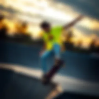 Showcasing Neon Style on the Ramp Skateboarder performing tricks in neon attire at skatepark