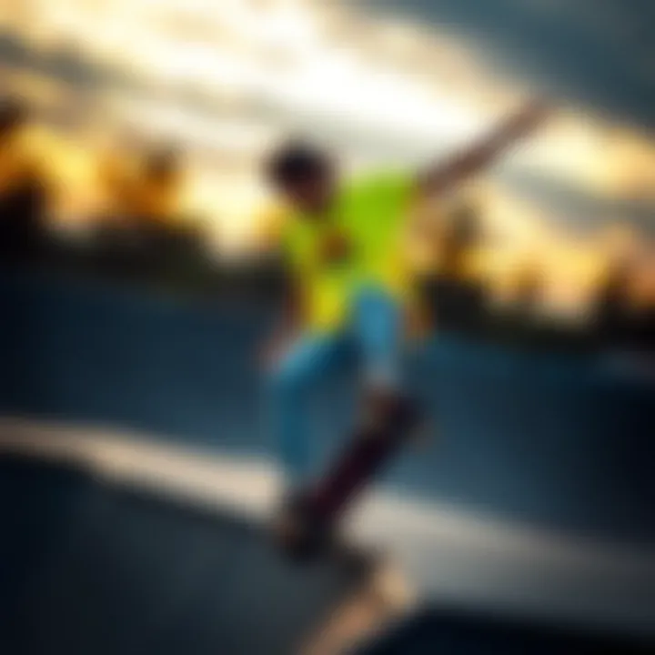 Showcasing Neon Style on the Ramp Skateboarder performing tricks in neon attire at skatepark