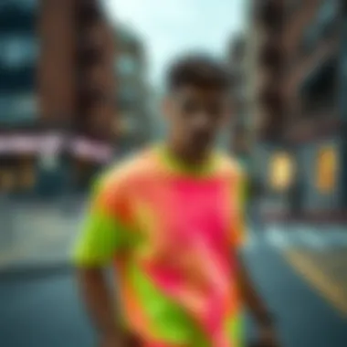 Neon Vibes in Skate Culture Vibrant neon shirt worn by skateboarder in urban setting